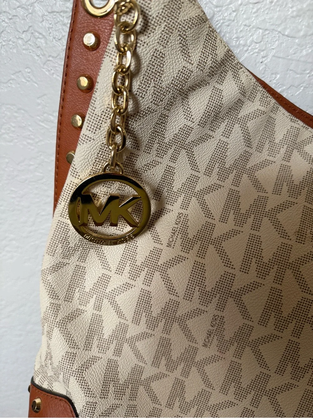 Michael Kors Cream MK Logo Shoulder Bag with Brown Trim